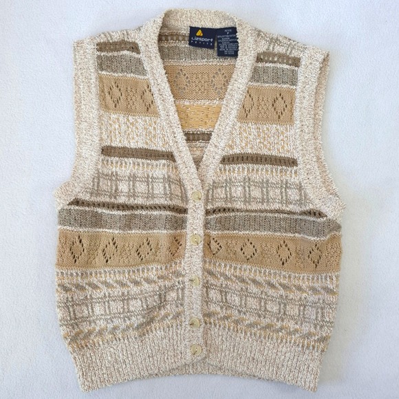 Lizsport Sweaters - Lizsport Vintage 90s Knit Sweater Vest Tan Beige Petite Small Diamond Pointelle